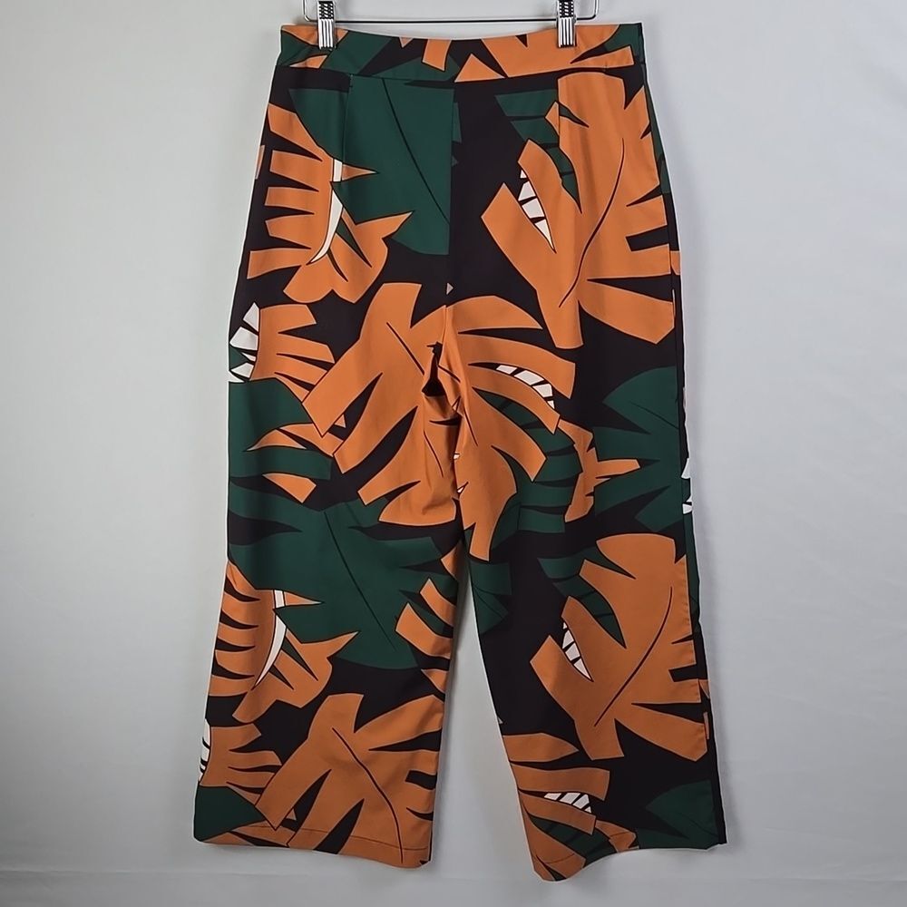 SHEIN Women's Tropical Plant Print Wide Leg Pants Orange /Green Sz L